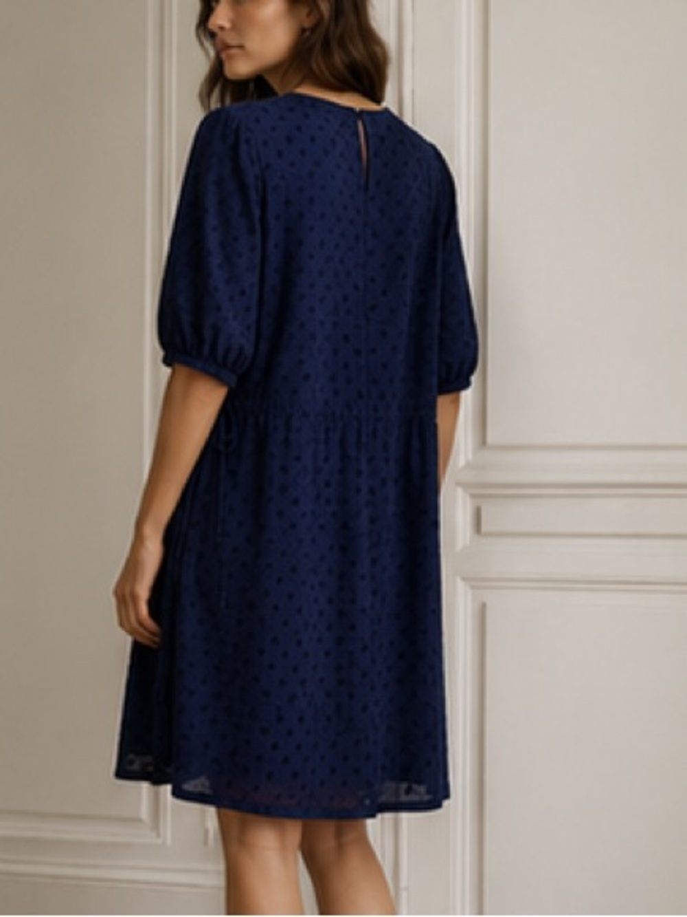 Sandro Lori navy dot dress crew neck half sleeves ties at waist Size 3 / L - Picture 3 of 11